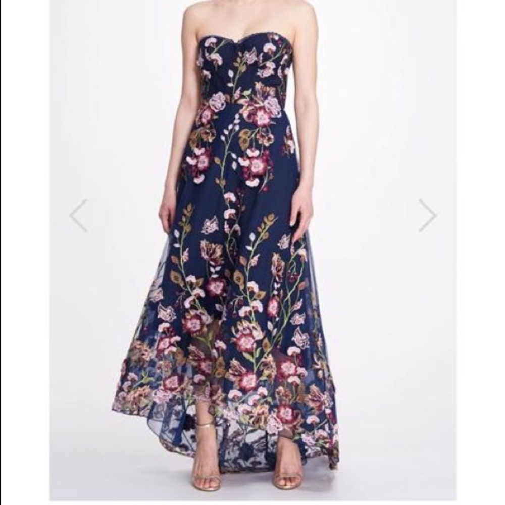embroidered sweetheart high-low gown